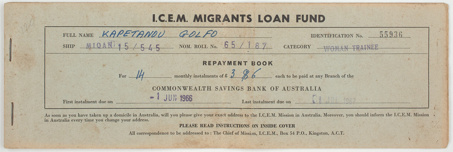 Repayment Book - ICEM Migrants Loan Fund