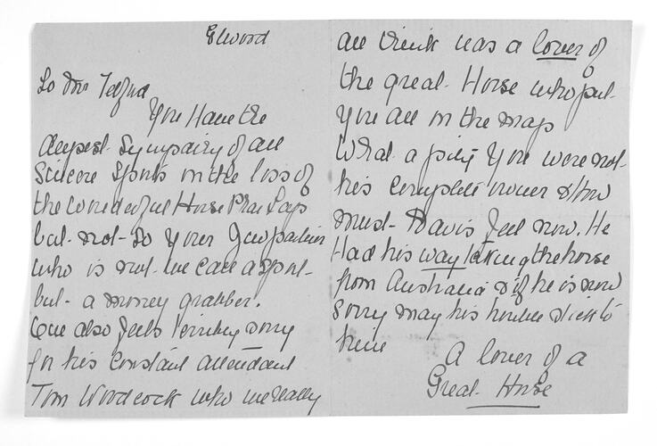 Letter - Unknown to Telford, Phar Lap's Death, 1932