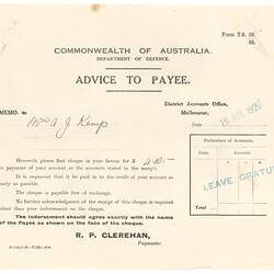 Memo - Department of Defence Paymaster to Mrs A. J. Kemp, 'Advice to Payee', 19 Jul 1920