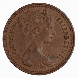 Coin - 1 New Penny, Elizabeth II, Great Britain, 1971 (Obverse)