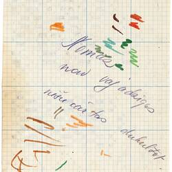 White sheet with colour scribbles and handwriting.