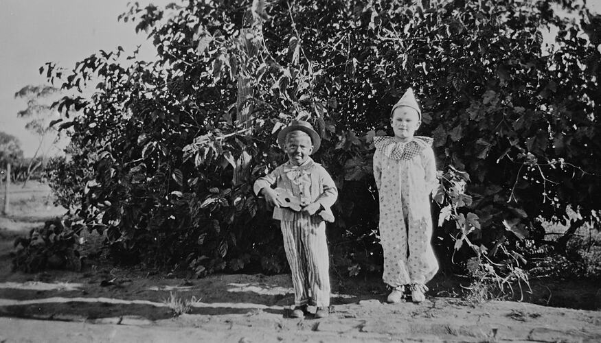 Two young boys in fancy dress. One is dressed as a minstrel and holds a ukulele, the other is dressed as a clown.