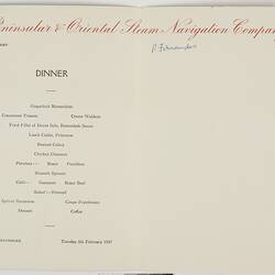 Dinner menu typewritten on logo paper.