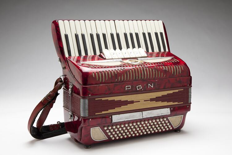 Red piano accordion.