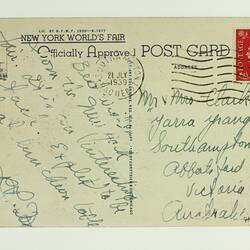 Postcard - New York World's Fair, Mr & Mrs Clark, Abbotsford, 1939