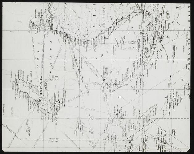 Lantern Slide - Map Showing New Zealand, New Caledonia, Fiji and Eastern Australia, circa 1920s
