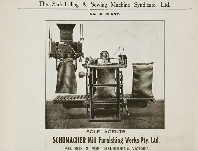 Photograph - Schumacher Mill Furnishing Works, 'Sack-Filling & Sewing Machine Syndicate', Port Melbourne, Victoria, circa 1940s