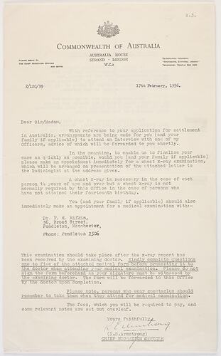 Letter - Medical Examination & Chest X-Ray, Commonwealth of Australia to Ron Booth, 17 Feb 1956