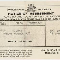 Notice of Assessment - Issued to Julius Toth, Commonwealth of Australia, 1957