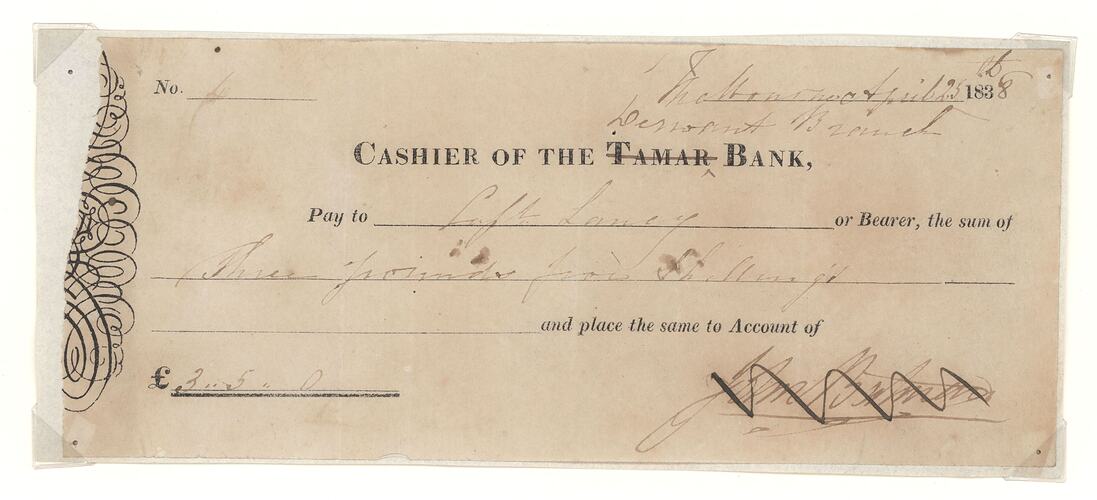 Cheque - John Batman, Tamar Bank, Derwent Branch, Victoria, Australia, 1838