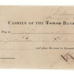 Cheque - John Batman, Tamar Bank, Derwent Branch, Victoria, Australia, 25 Apr 1838
