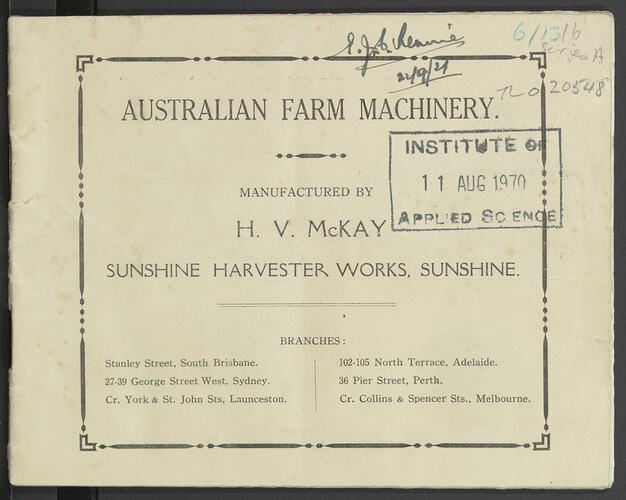 Catalogue - H.V. McKay, 'Australian Farm Machinery', Sunshine, Victoria, circa 1921