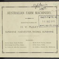 Catalogue - H.V. McKay, 'Australian Farm Machinery', Sunshine Harvester Works, Victoria, 1921