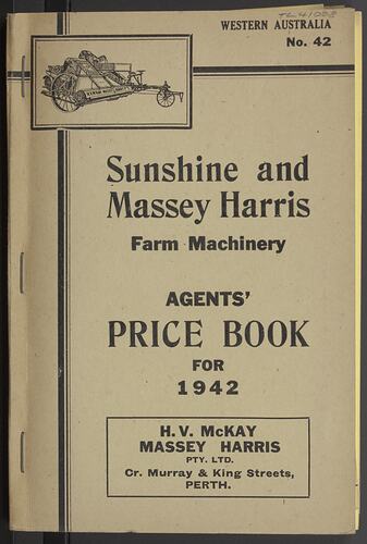 Front cover of an agents' price book for Sunshine and Massey Harris farm equipment
