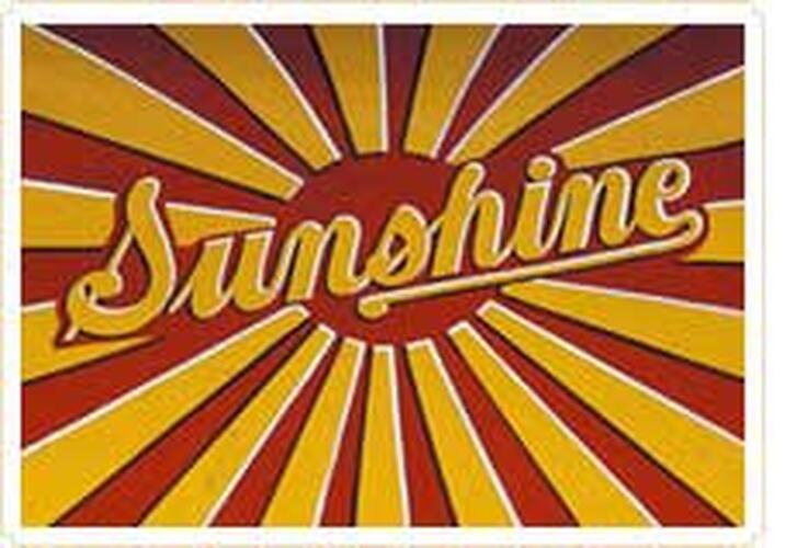 Yellow 'sunshine' text on radiating red and yellow lines. Detail.