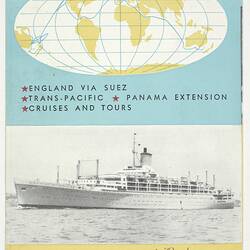 Folded double-sided pamphlet with blue, yellow and black printing. Photograph of ship.