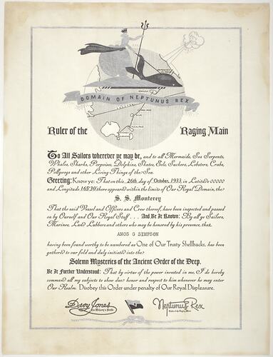 Certificate - Crossing the Equator, Issued to Amos Simpson, SS Monterey, 26 Oct 1933