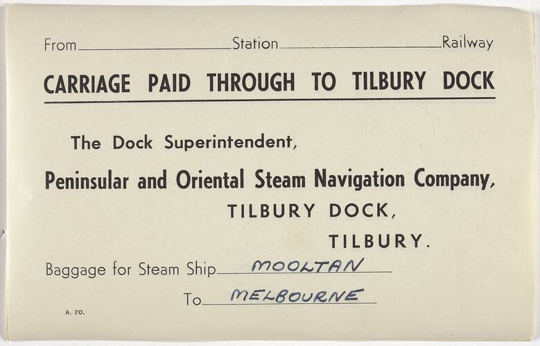 Baggage Receipts - P&O, Carriage Paid to Tilbury Dock
