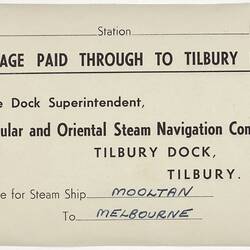 Baggage Receipts - P&O, Carriage Paid to Tilbury Dock, circa 1950s