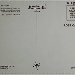 Postcard - Nu-Colour-Vue, Phar Lap on Display at Museum Victoria, 1986