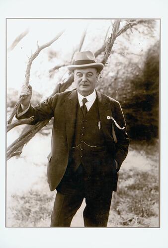 Man wearing suit, posed with tree.