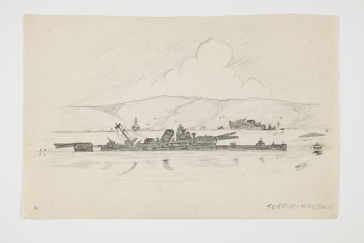Drawing of a military ship with mountain range in background on off-white paper.