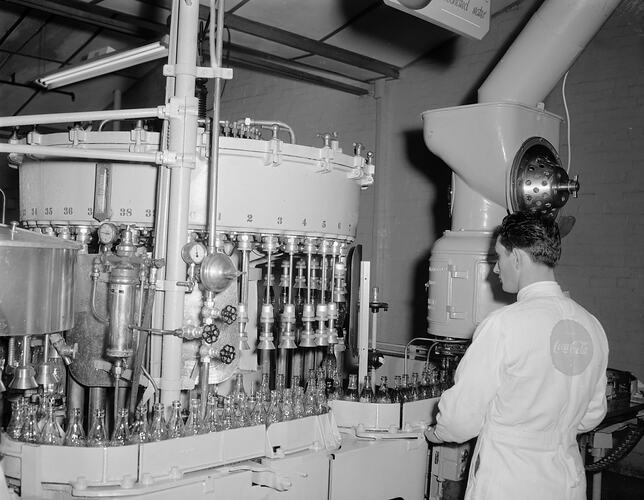 Negative - Coca-Cola, Worker Using Machinery at Factory, Moorabbin, Victoria, Aug 1954
