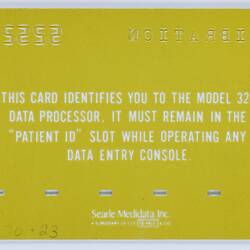 Specialised Identity Cards - Patient Access, Medidata Patient Data Acquisition System, Searle Medical Computer, PDP8/1, 1968-1987