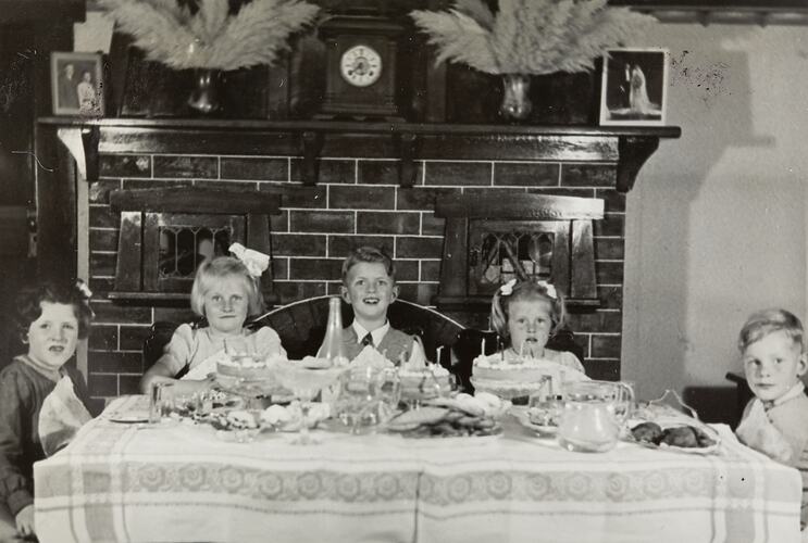 Three Girls & Two Boys Celebrating Girl's Birthday, Dining Room, Caulfield, 1946