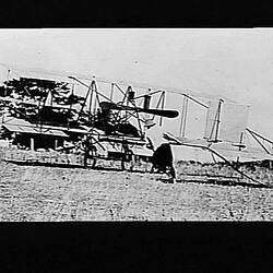 Negative - Pushing the Duigan Biplane Home Up Hill After a Flight, Spring Plains, Mia Mia, Victoria, 1910-1911