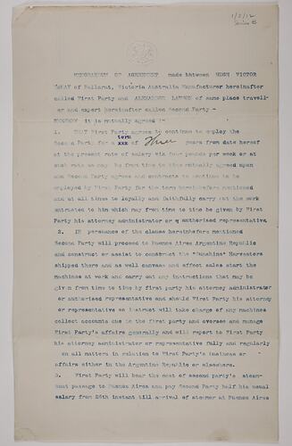 Copy of Memorandum of Agreement - H. V. McKay & Alexander Lawson, 22 Sep 1902