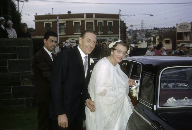 Ian Black & Hope Macpherson Entering Wedding Car, Victoria, 2 Apr 1965