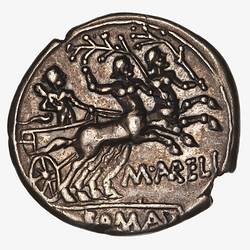 Round coin, aged, figure riding chariot with two centaurs, holding club.