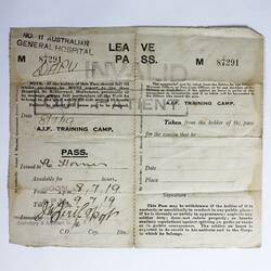 Leave Pass - Diary, Alan Horner, World War I, 8 Jul 1919
