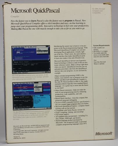 Software Package - Microsoft, 'QuickPascal', Version 1.0, 1989