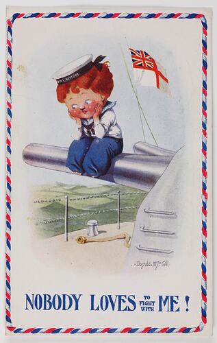 Illustration of boy dressed as sailor sitting on ships gun barrel with flag in background.
