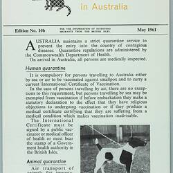 Leaflet - 'Facts About Quarantine in Australia', No. 10b, England, May 1961