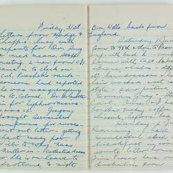 Open book, 2 cream pages dated Friday 31st. Cursive handwritten text in blue/black ink. Page 94 and 95.