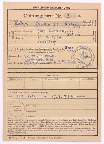 Insurance Card - 'Quittungskarte', Dorothea Huber, Austria, 1954-55