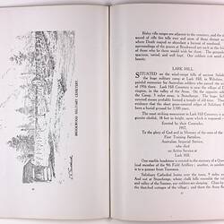 Open book page with illustration of graveyard on right page and printed text on left page.