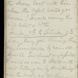 Open diary with handwritten text on discoloured worn page.