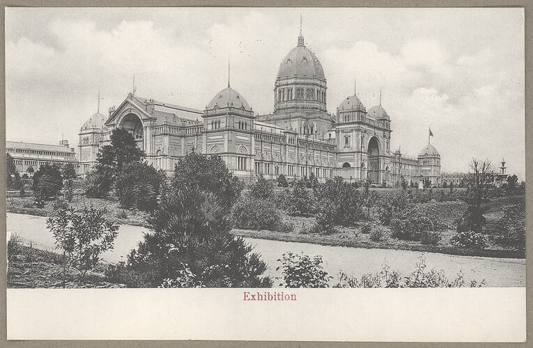 Monochrome postcard of the Royal Exhibition Building.