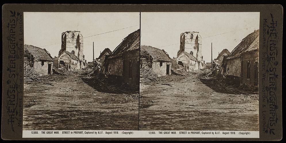 Stereograph - 'Street in Proyart, Captured by AIF', Aug 1918