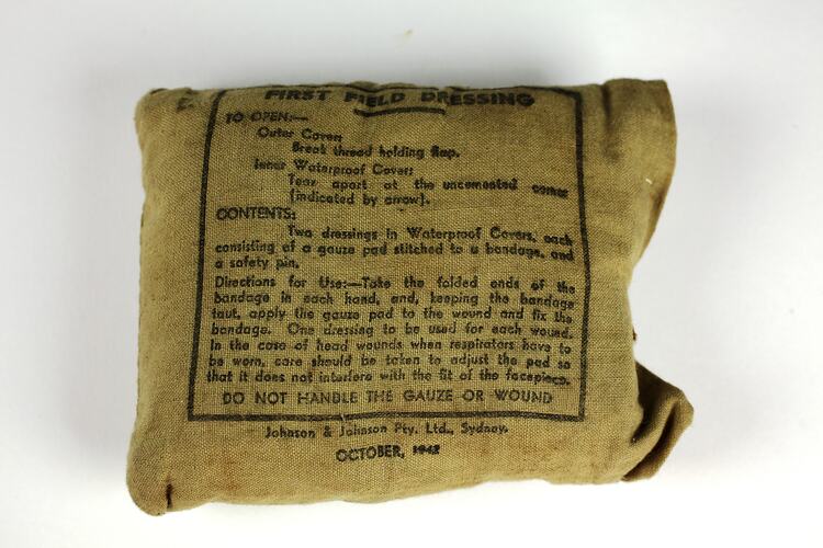 Front of cloth package with printed writing.