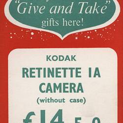 Price Ticket - Kodak Australasia Pty Ltd, 'Kodak Retinette IA Camera', circa 1960