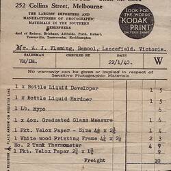 Receipt - Kodak Australasia Pty Ltd, Purchase from Kodak House Collins St, Melbourne, 22 Jan 1940