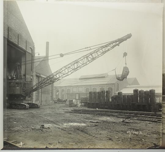 Monochrome photograph of a dragline excavator.