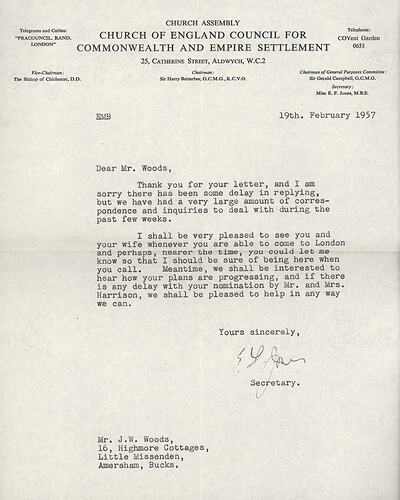 Letter - Church of England Council for Commonwealth & Empire Settlement, John & Barbara Woods, England, 19 Feb 1957