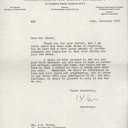 Letter - Church of England Council for Commonwealth & Empire Settlement, John & Barbara Woods, England, 19 Feb 1957