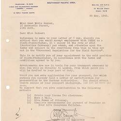 Letter - Appointment, Esma Banner, Australia, United Nations Relief & Rehabilitation Administration, 30 May 1945